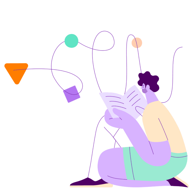 Illustration of person reading with abstract shapes flying above